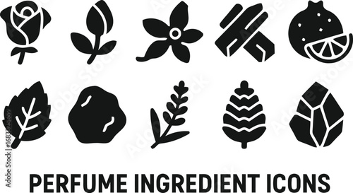 Collection of perfume ingredient icons representing natural fragrance components