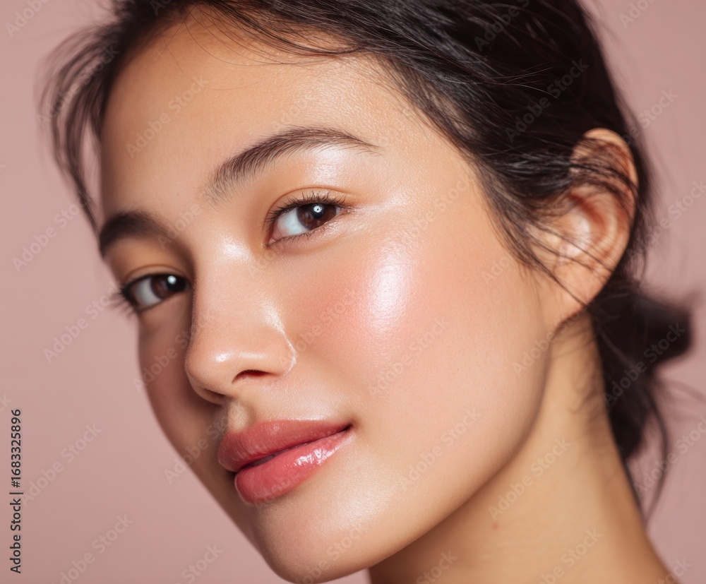Fototapeta premium Close-up portrait of a woman with radiant, glowing skin and subtle blush, highlighting healthy and beautiful complexion against a soft pink background.