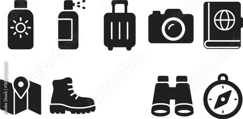 Collection of travel and adventure icons including sunscreen camera passport and hiking boots
