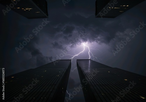 Dramatic Lightning Strike Between Skyscrapers Dark Stormy Sky City Towers