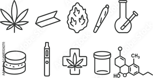 Collection of cannabis related icons in a simple line art style