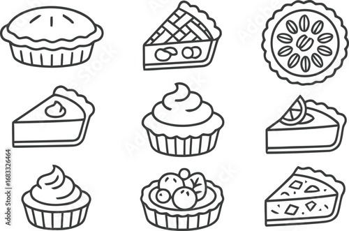 Collection of hand drawn desserts including pies cupcakes and tarts
