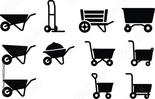 Collection of hand drawn black silhouettes of various carts and wheelbarrows