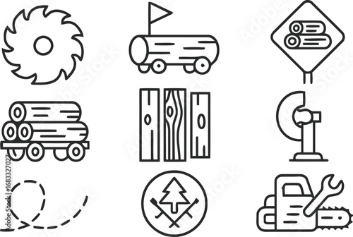 Collection of line art icons representing forestry and woodworking industries