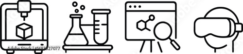 Icons representing 3d printing chemistry digital research and virtual reality