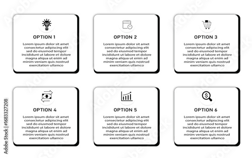 Marketing process visualization timeline diagram | Business data representation with white geometric diagram with icon | 6 steps with black border flowchart   for business