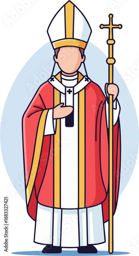 Catholic Bishop Character Vector Illustration with Mitre and Crozier | Religious Leader Flat Design Icon