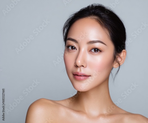Close-up portrait of a woman with flawless, healthy-looking skin against a neutral backdrop.  Her soft features and natural beauty are highlighted by the gentle lighting and neutral color palette.