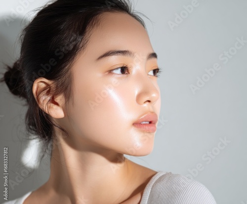 A close-up portrait showcasing a woman with flawless, radiant skin, highlighting the beauty of natural light and soft tones.