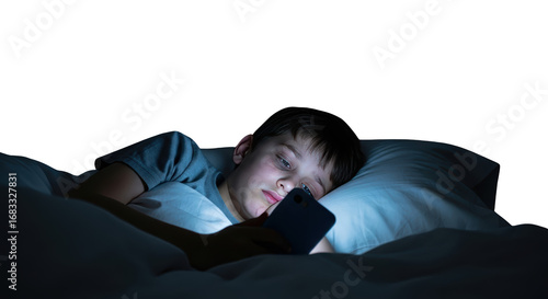 addiction night. bed smartphone boy Young with kid at person youth in lying