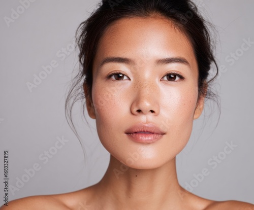 A close-up portrait showcasing a woman with flawless skin and a serene expression against a neutral backdrop.