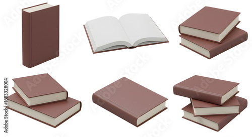 Collection of brown hardcover books in various arrangements on transparent background