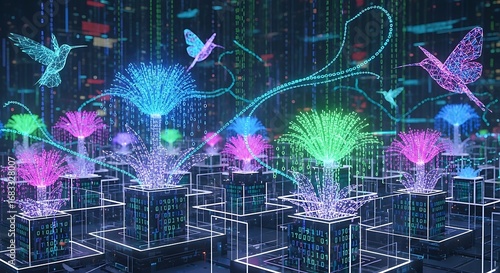 Futuristic digital ecosystem illustration with glowing flora and fauna