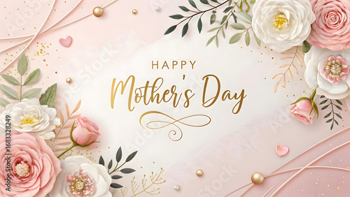 Elegant Mother's Day greeting card with soft pink roses, delicate floral accents, and golden calligraphy wishing 
