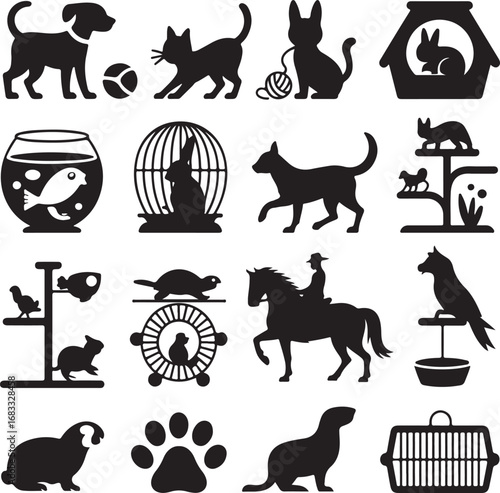 Diverse collection of black silhouette pet and animal icons pets animals