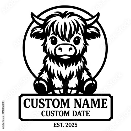 Cute highland cow face with customizable name and date vector cartoon farm animal design
