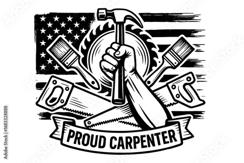 Proud carpenter crossed tools emblem with saw, hammer, wrench vector illustration
