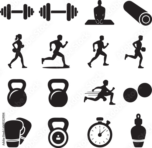 Collection of black silhouette fitness and exercise equipment icons dumbbells