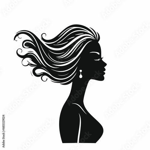 woman side view silhouette. A black silhouette of a woman in profile view with flowing hair and an elegant posture. Vector clipart black illustration design.