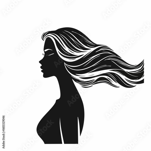 woman side view silhouette. A black silhouette of a woman in profile view with flowing hair and an elegant posture. Vector clipart black illustration design.