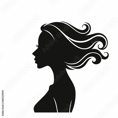 woman side view silhouette. A black silhouette of a woman in profile view with flowing hair and an elegant posture. Vector clipart black illustration design.