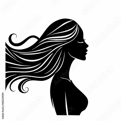 woman side view silhouette. A black silhouette of a woman in profile view with flowing hair and an elegant posture. Vector clipart black illustration design.