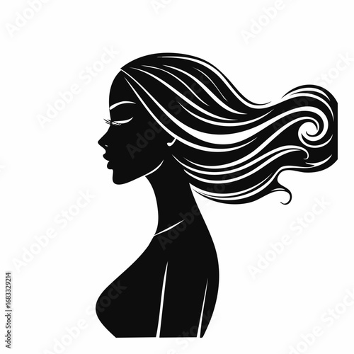 woman side view silhouette. A black silhouette of a woman in profile view with flowing hair and an elegant posture. Vector clipart black illustration design.