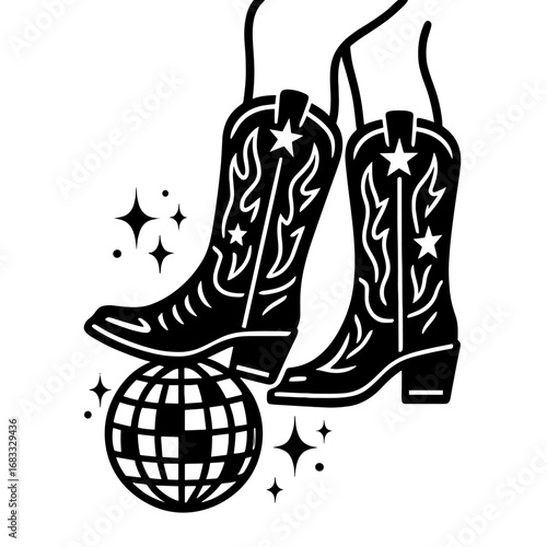 Cowboy boots with disco ball and sparkles country western party vector illustration

