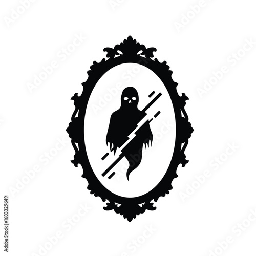 Ornate mirror with spectral figure ghost frame