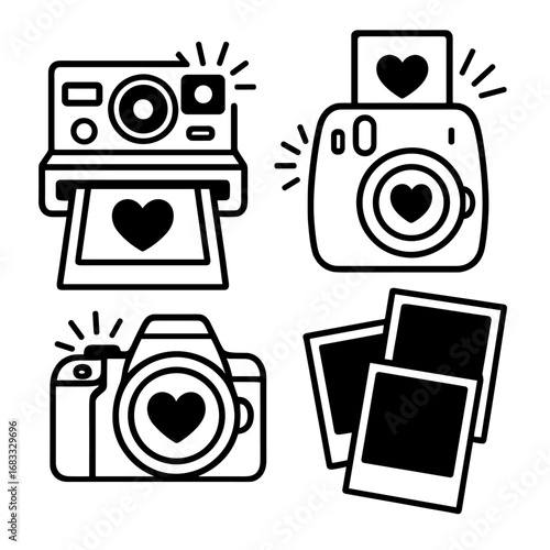 Set of photography icons including camera, heart, and polaroid photo vector symbols

