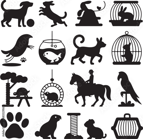 Collection of black silhouette pet icons on white background animal rabbit