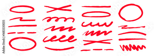 Red hand drawn doodle shapes and lines set. Sketched geometric frames and stripes collection. Zig zag and wavy scribble border pack. Red marker note signs for mark, emphasis, accent, highlight. Vector