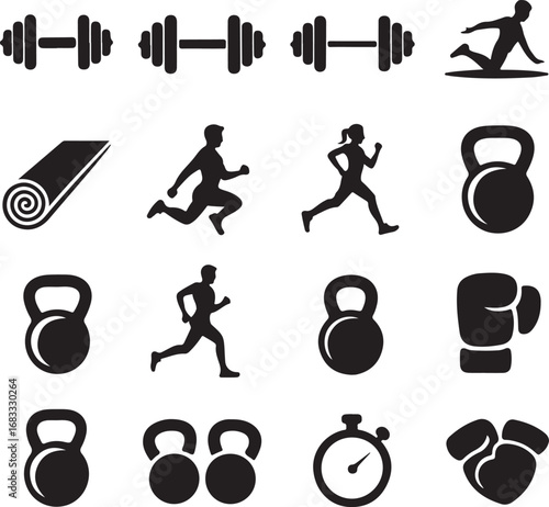 Black silhouette fitness and exercise icons on white background dumbbell kettlebell