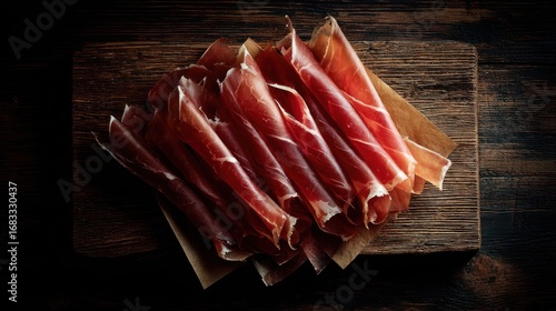 Delicious slices of cured ham arranged artistically on a wooden board, showcasing rich colors and textures. Perfect for culinary presentations or food-related projects.