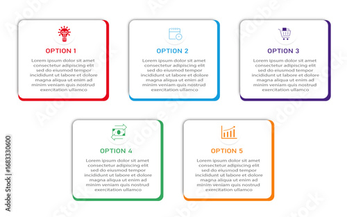 Business infographic white diagram with timeline | Two row business process 6 steps or option chart with two side border and icon | Colourful vector illustration