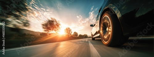 A black car speeds down a country road at sunset