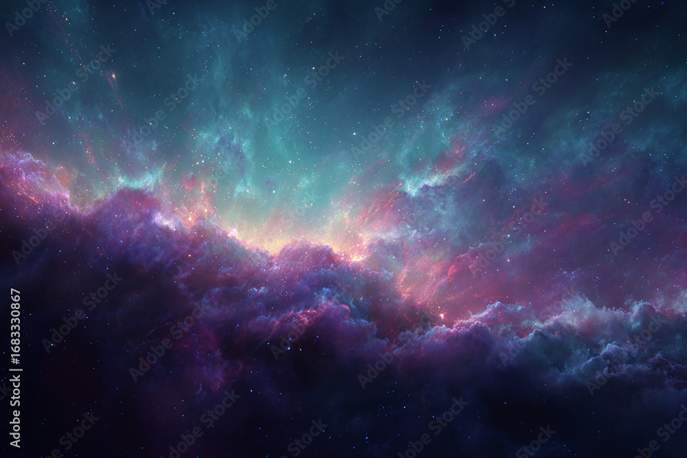 Obraz premium Abstract cosmic nebula colors background with clear text space, dreamy galaxy-inspired wallpaper, vibrant space nebula illustration, colorful cosmic gradient backdrop