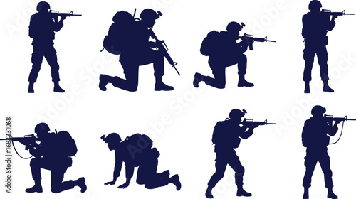 Silhouettes of Armed Soldiers in Combat Poses with Rifles and Gear for Military, Tactical, Army, War, and Defense Concepts