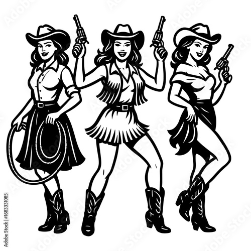 Group of dancing girls in costumes and hats performing festive routine vector illustration
