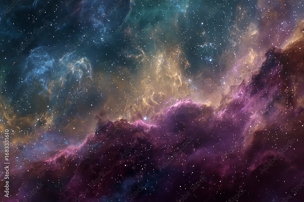 Obraz premium Abstract cosmic nebula colors background with clear text space, dreamy galaxy-inspired wallpaper, vibrant space nebula illustration, colorful cosmic gradient backdrop