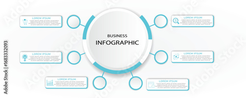 Business infographic circular 6 steps with icons | Abstract business white diagram with blue circle border | Modern vector illustration for presentation, business process