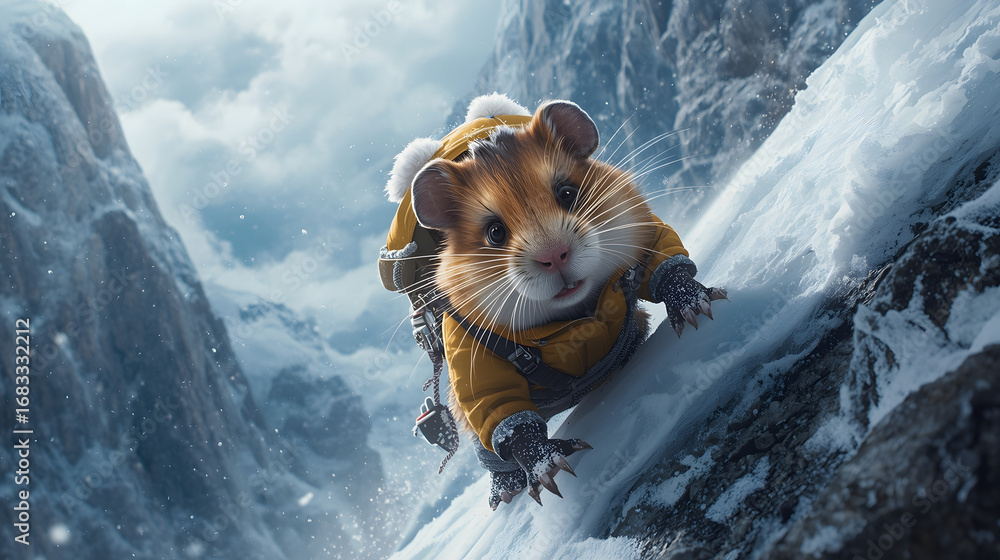 Obraz premium Brave Little Climber: Cute Hamster Scaling a Snowy Mountain