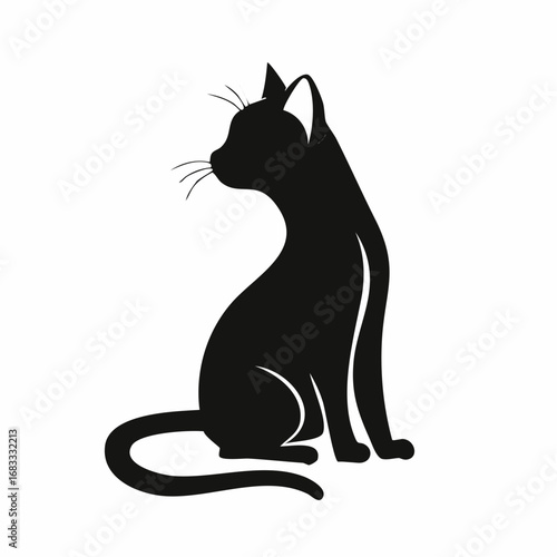 Cat silhouette sitting. A black silhouette of a sitting cat in a calm and relaxed posture with visible tail and ears. Vector clipart black illustration design.