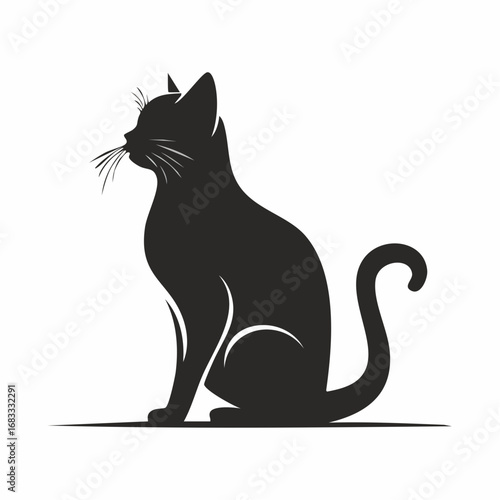 Cat silhouette sitting. A black silhouette of a sitting cat in a calm and relaxed posture with visible tail and ears. Vector clipart black illustration design.