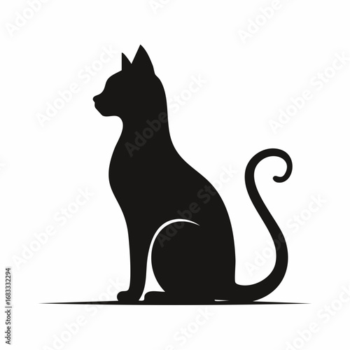Cat silhouette sitting. A black silhouette of a sitting cat in a calm and relaxed posture with visible tail and ears. Vector clipart black illustration design.
