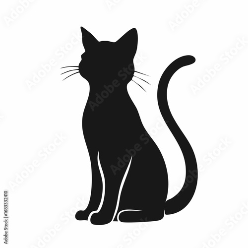 Cat silhouette sitting. A black silhouette of a sitting cat in a calm and relaxed posture with visible tail and ears. Vector clipart black illustration design.