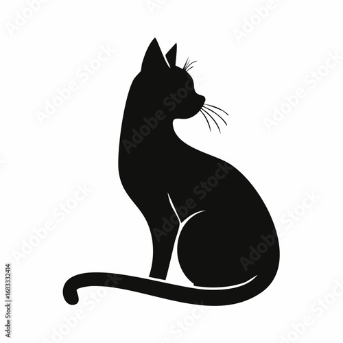 Cat silhouette sitting. A black silhouette of a sitting cat in a calm and relaxed posture with visible tail and ears. Vector clipart black illustration design.