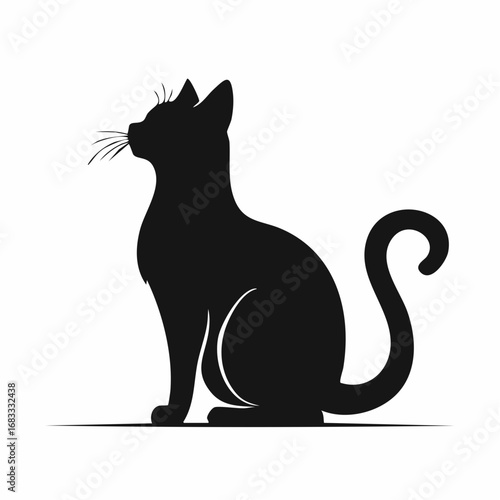 Cat silhouette sitting. A black silhouette of a sitting cat in a calm and relaxed posture with visible tail and ears. Vector clipart black illustration design.