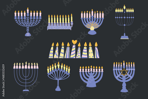 Set of beautiful Hanukkah Menorahs. Decorative elements of the Jewish holiday Hanukkah