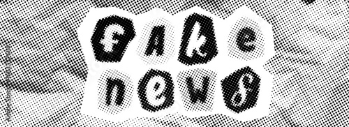Fake news halftone background. Comic style text collage on crumpled paper. Retro pixel concept of false facts, misinformation, propaganda, post truth, misconception. Vector vintage newspaper backdrop